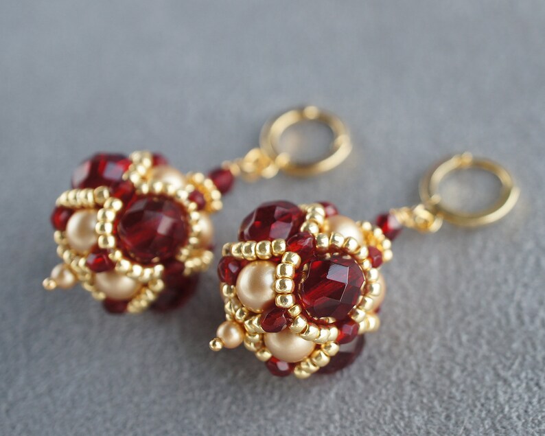 Hanging Ball Earrings Red and Gold Bead Woven Earrings Etsy