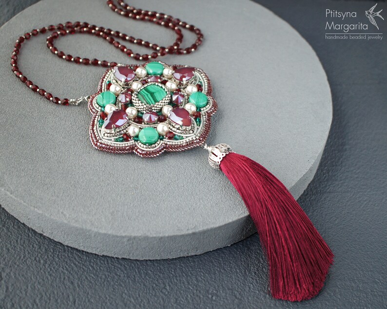 Bead Embroidery Pendant Necklace With Malachite Swarovski Etsy