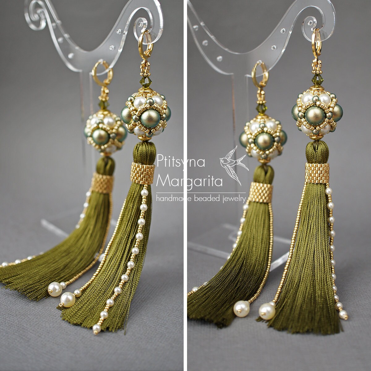 Olive green earrings green and gold earrings long tassel Etsy