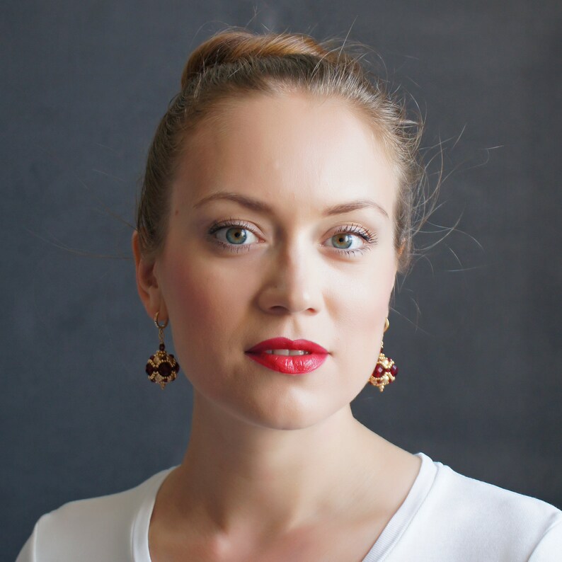 Hanging Ball Earrings Red and Gold Bead Woven Earrings Etsy