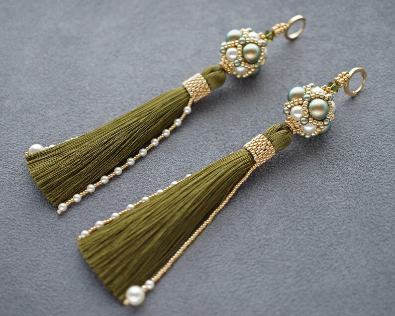 Olive green earrings green and gold earrings long tassel Etsy