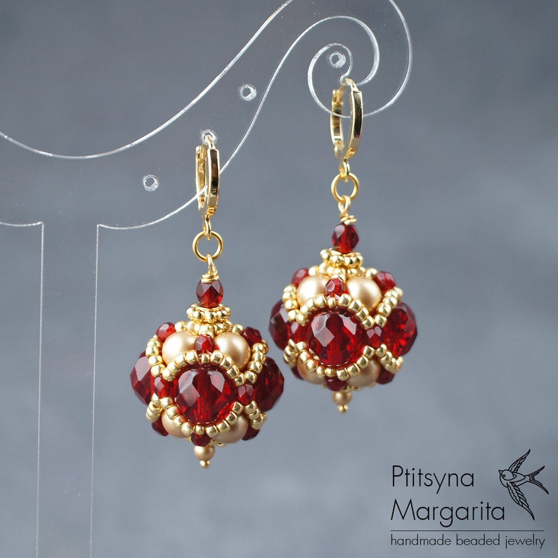 Hanging Ball Earrings Red and Gold Bead Woven Earrings Etsy