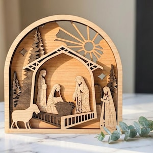 Nativity Christmas Scene | 4 Layers with engraving detail | SVG PDF download for glowforge laser cutter | vector cut file Christmas manger