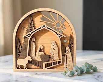 Kerststal | 4 lagen met gravuredetail | SVG-pdf-download voor glowforge-lasersnijder | vectorsnijbestand Kerstkribbe