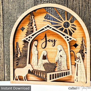 Scena di Natale della Natività / 4 Strati con dettaglio incisione / Download PDF SVG per taglierina laser glowforge / file di taglio vettoriale mangiatoia natalizia