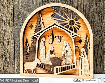 Krippen-Weihnachtsszene | 4 Schichten mit Gravurdetail | SVG PDF-Download für Glowforge Laserschneider | Vektor-Schnittdatei Weihnachtskrippe