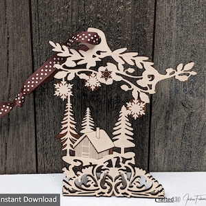 Minnesota Cabin Ornament | SVG PDF | Glowforge Laser Cutter | | Winter Scene gift for MN Lovers | Instant Cut File Download with engravings