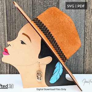 Design de exibição de brinco de manequim de menina de vaca - Suporte de exibição de brinco Rancher SVG padrão de rosto de arquivo de corte para negócios ou boutique a laser Glowforge