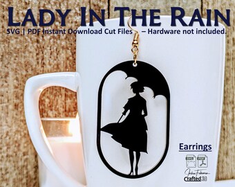 Lady In The Rain - Earrings - SVG+PDF Instant download cut files -No Hardware, Glowforge Laser cutter | 2" Design | Plywood or acrylic gift
