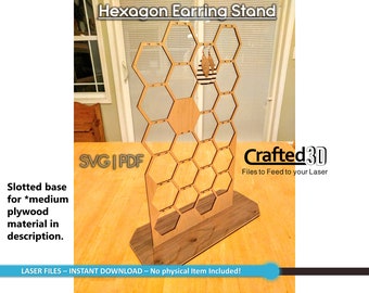 Tall hexagon Earring Stand- 18" with slotted base Instant vector PDF+SVG download sized for *medium plywood materials in description