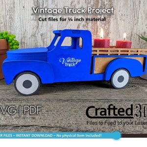 Progetto di arredamento per camion vintage - Modello di download istantaneo SVG+PDF per tagliare, dipingere, incollare e assemblare un camion dall'aspetto classico da 12" di lunghezza per 4" di larghezza