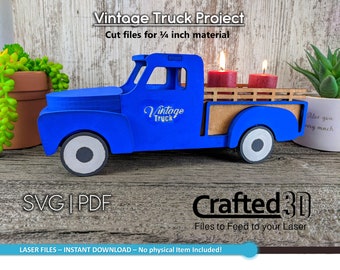 Vintage Truck decor project - SVG+PDF Instant Download pattern to cut, paint, glue, and assemble 12" long by 4" wide classic looking truck