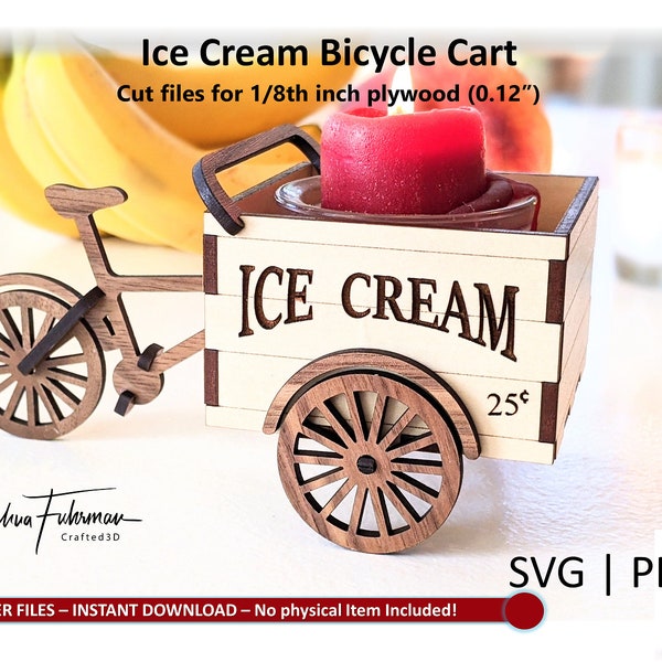 Ice Cream Bicycle Cart -Vintage PDF+SVG Instant Download cut file patterns for medium* 1/8th inch plywood - measures 6"x3"