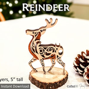 Renna / Progetto di taglio e colla a 3 strati / Download PDF SVG per taglierina laser Glowforge / file di taglio vettoriale Regalo di decorazioni per renne di Natale