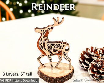 Reindeer | 3 Layer Cut and Glue Project | SVG PDF download for glowforge laser cutter | vector cut file Christmas Reindeer Decor Gift