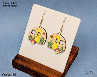 Floral Camper Ohrring Design geschnitten Datei für Glowforge Laser - Camping Liebhaber Geschenk Idee, herunterladbare SVG-Muster zum Schneiden Partitur und malen