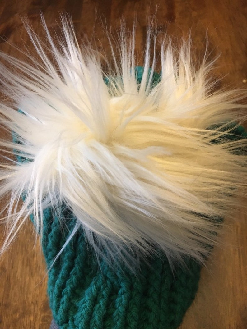 handmade crochet cable beanie with faux fur pom pom