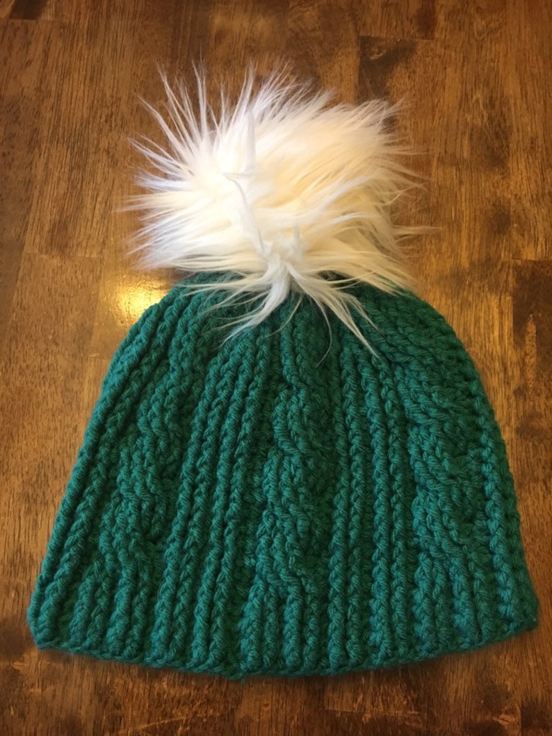 handmade crochet cable beanie with faux fur pom pom