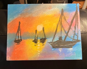 Sunset harbor chalk pastel drawing