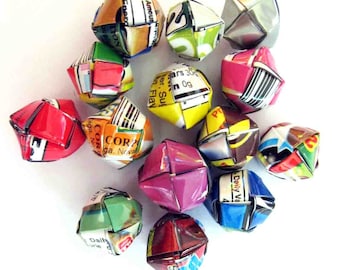 50 large balls origami to make costume jewellery. Recycled into fruit juice packaging