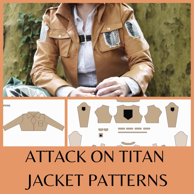 May include: A tan jacket with the Survey Corps emblem patches, a black belt, and a white collared shirt. Below, the image shows jacket patterns and the text "ATTACK ON TITAN JACKET PATTERNS".