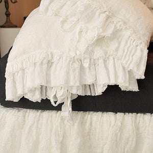 Linen pillowcase 'Sauvage' with double frayed ruffles and ties. Standard Queen King, Shabby Chic bedding, Sheer linen, prewashed pillow case