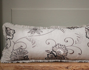 BOHO Lumbar case with linen ruffles- Clarke & Clarke embroidered pillow - Boho Style