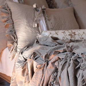 LINEN DUVET COVER &#39;Diane&#39;. Shabby Chic linen bedding, ruffled duvet cover with ties, linen duvet queen, linen duvet cover king.
