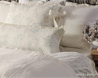 Clarke & Clarke Linen Lumbar Pillow - designer linen bedding - Floral Pillow Cover with pleated