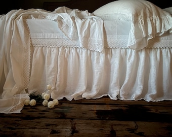 Linen BED SKIRT 'LILU' - Dust Ruffle whisper linen bed skirt panels - off white - Gathered bed skirt Shabby Chic bedding