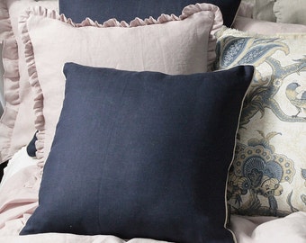 Dernières pièces - Taie d'oreiller en lin bleu marine avec bordure dorée - taie d'oreiller décorative 18 x 18 po - taie d'oreiller moderne