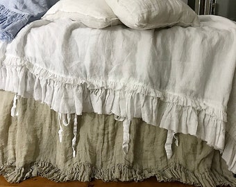 Copripiumino in puro lino 'Sauvage' con volant e lacci - biancheria da letto in lino Queen King size o TAGLIE PERSONALIZZATE - colore naturale/tortora