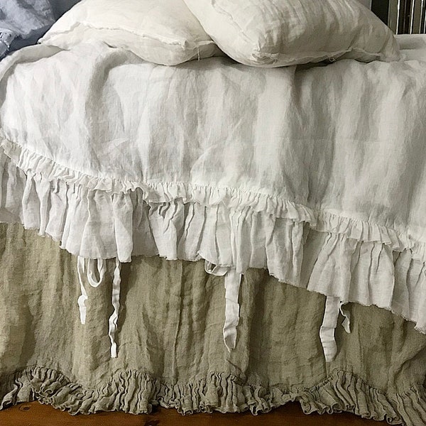 Housse de couette Pure Linen 'Sauvage' avec volants et attaches - literie en lin Queen King size ou TAILLES PERSONNALISÉES - couleur naturelle / taupe