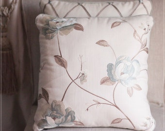 Designer Ecru Taupe Aquamarine Pillow - Clarke & Clarke embroidered pillow - Floral Pillow Cover