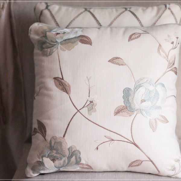 Designer Ecru Taupe Aquamarine Pillow - Clarke & Clarke embroidered pillow - Floral Pillow Cover