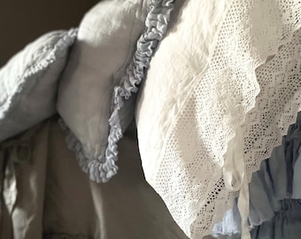 Linen pillow case ‘Jasmine’ - crochet lace French Shabby Chic Style