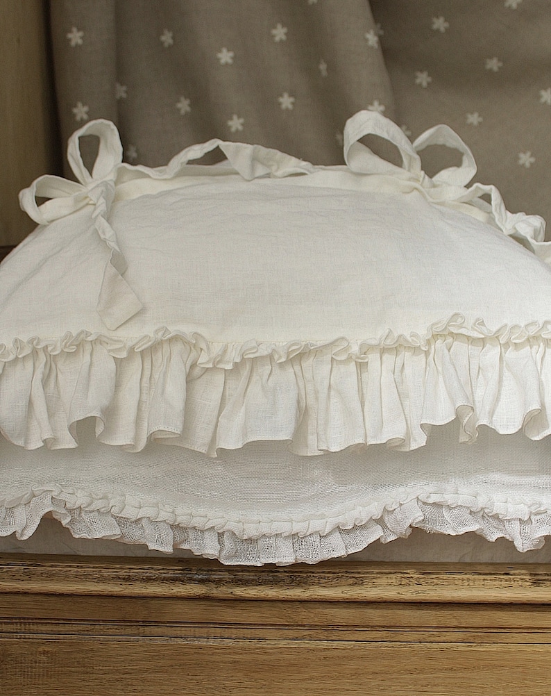 Pre-washed linen pillowcase 'Diane' with double ruffles and ties. Linen bedding, 20x24 20x26 26x26 20x30 20x36 white or gray. image 3