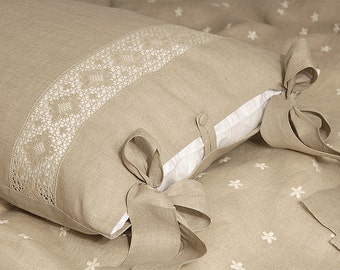 OUTLET last pcs- 40% off RRP, Natural linen pillowcase 20x29". "Long fastening ties"  ruffles pillow case. Pure linen bedding,