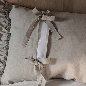 Pre-washed linen pillowcase 'Diane' with double ruffles and ties. Linen bedding, 20x24 20x26 26x26 20x30 20x36 white or gray. image 4