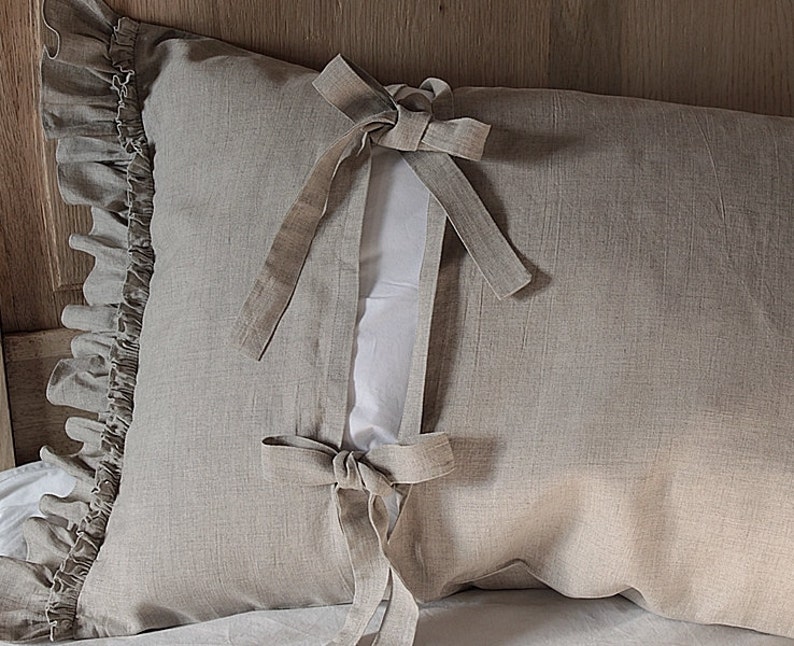 Pre-washed linen pillowcase 'Diane' with double ruffles and ties. Linen bedding, 20x24 20x26 26x26 20x30 20x36 white or gray. image 4