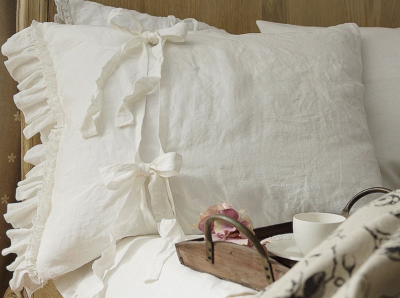 Pre-washed linen pillowcase 'Diane' with double ruffles and ties. Linen bedding, 20x24 20x26 26x26 20x30 20x36 white or gray. image 2