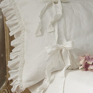 Pre-washed linen pillowcase 'Diane' with double ruffles and ties. Linen bedding, 20x24 20x26 26x26 20x30 20x36 white or gray. image 1