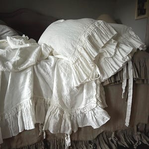 Linen pillowcase &#39;Sauvage&#39; with double frayed ruffles and ties. Standard Queen King, Shabby Chic bedding, Sheer linen, prewashed pillow case