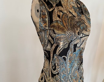 Printed Velvet Turtleneck Top. Women's  Black, Gold and Blue Floral Stretch Velvet Sleeveless Blouse.