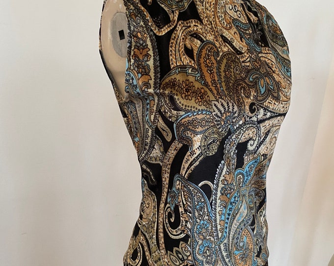 Printed Velvet Turtleneck Top. Women's  Black, Gold and Blue Floral Stretch Velvet Sleeveless Blouse.