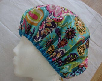 Floral Fantasy Classic Shower Caps-Aqua. Non-allergenic Laminated Cotton. One Adult Size.