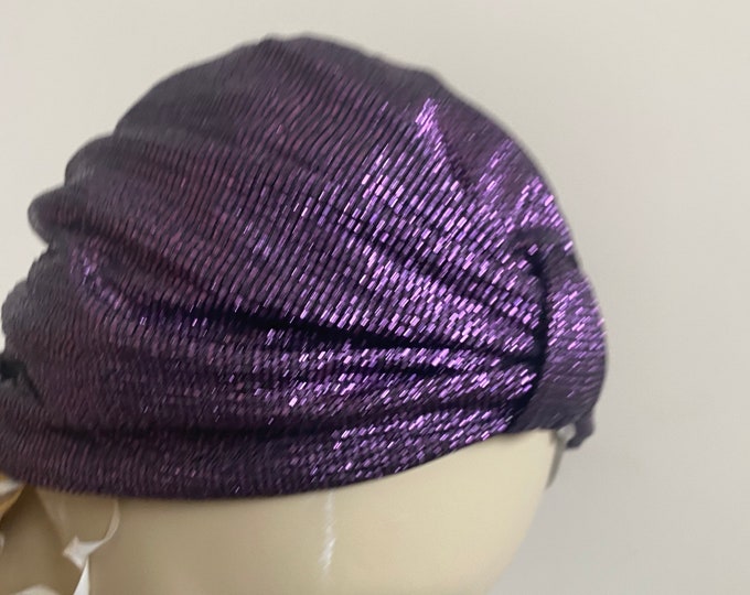 Crinkled Iridescent Plum Foil Knit Turban Hat. Women's Elegant Iridescent Turban. Stretch Sparkly Purple Jersey Knit Turban. One Size.
