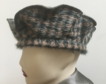 Olive Wool Fur Houndstooth Beret Style Hat. Green Short-hair Hounds tooth Short Hair Fur Women's Winter Hat. Stylish Fall Hats.