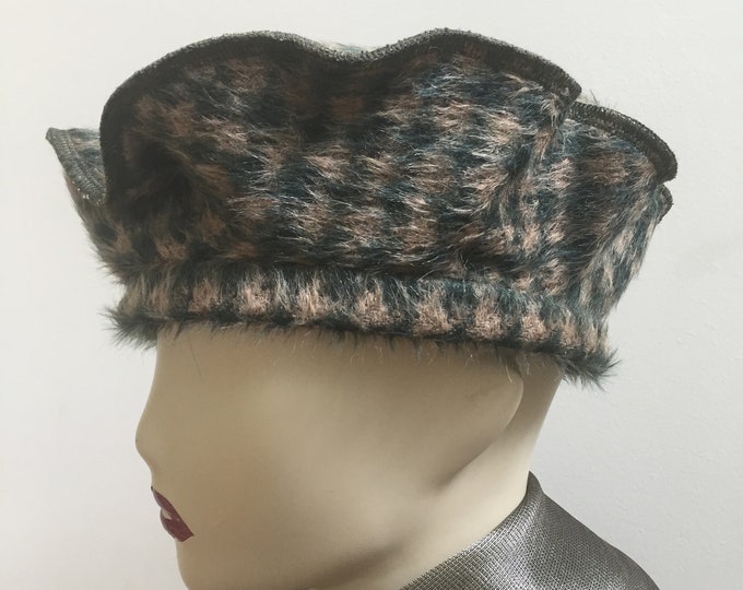 Olive Wool Fur Houndstooth Beret Style Hat. Green Short-hair Hounds tooth Short Hair Fur Women's Winter Hat. Stylish Fall Hats.