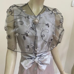 Gray Embroidered Sequin Organza Mini Cape. Elegant Sheer Cover. Sparkly Lace Wedding Shrug Top. Women&#39;s Formal Wear.